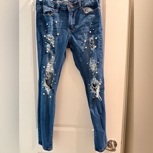 Blue Distressed Pearl Embellished Jeans
